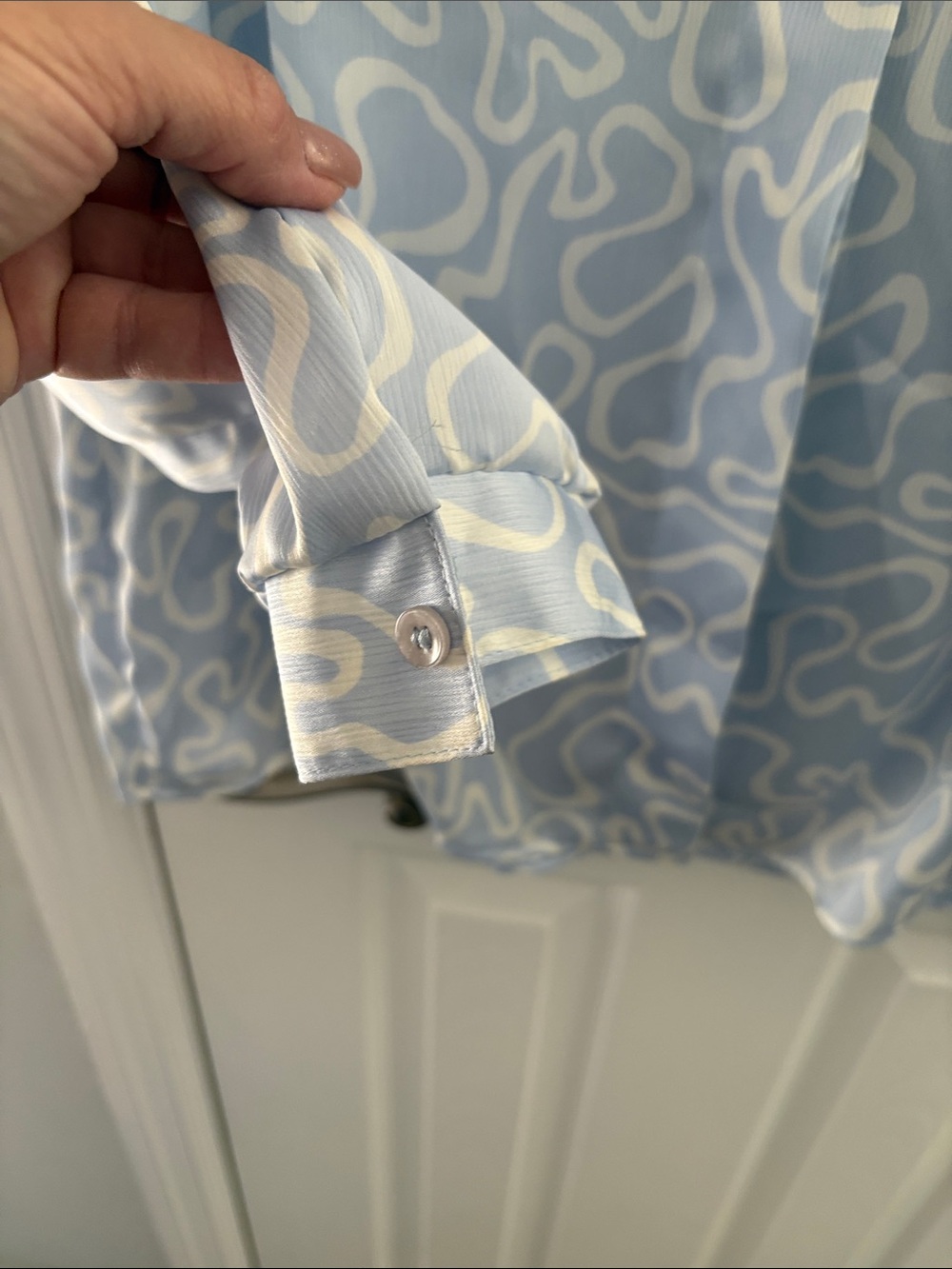Abstract-Print Light Blue Button-Front Blouse - Picture 3 of 5